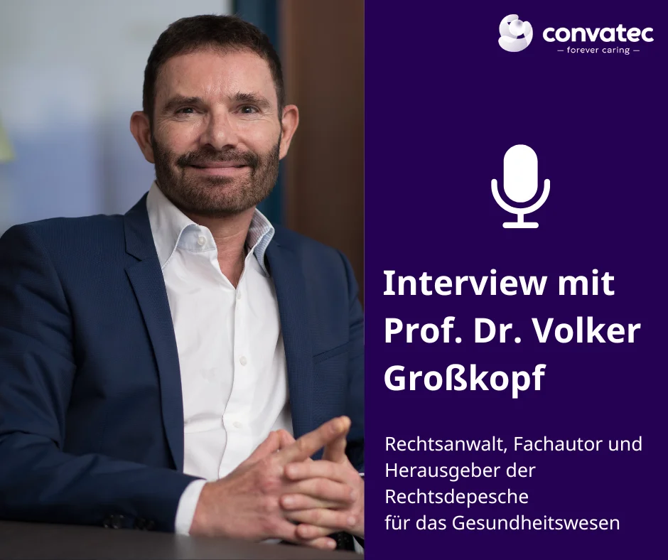 Auf der linken Seite sieht man ein Porträtbild von Herrn Prof. Dr. Großkopf. Auf der rechten Seite steht auf dunkelblauem Hintergrund in weißer Schrift der Text: Interview mit Prof. Dr. Großkopf, Rechtsanwalt, Fachautor und Herausgeber der Rechtsdepesche für das Gesundheitswesen